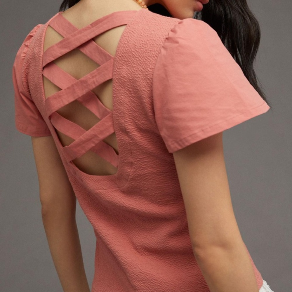 NWT Anthropology coral peach pink lace up back top criss cross straps size M